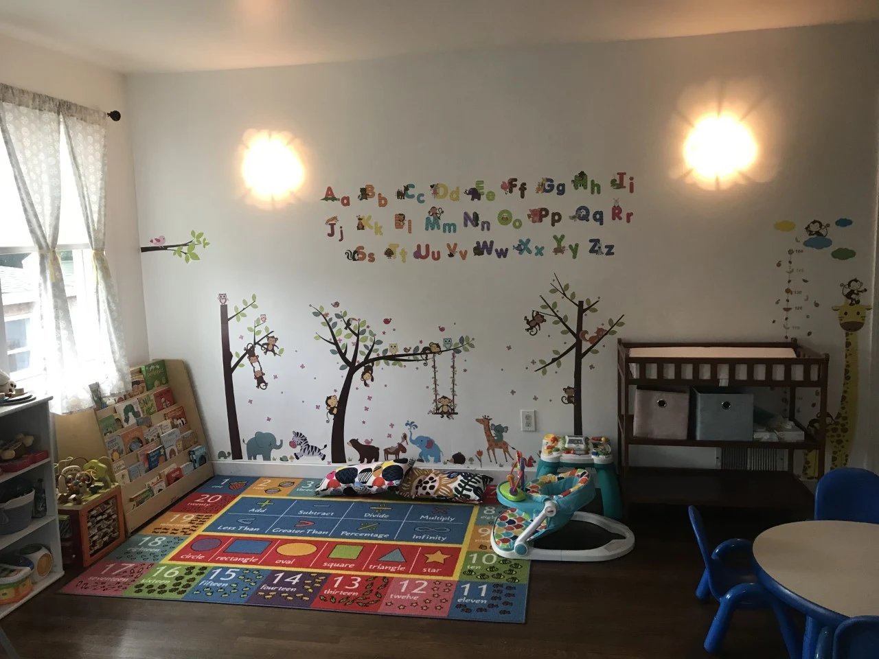 Outdoor play space with cabin and toys